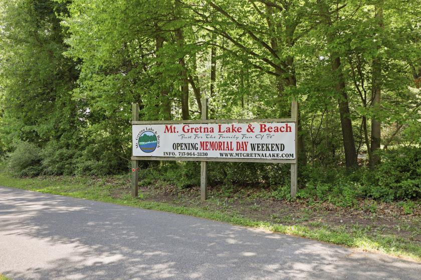 Mt. Gretna Lake and Beach sign near the Conewago Hills neighborhood, Mount Gretna PA